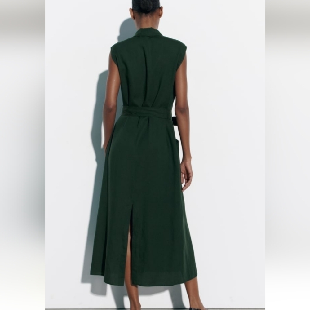 ZARA Belted Midi Linen Blend Dress Sz-XL - Picture 4 of 12